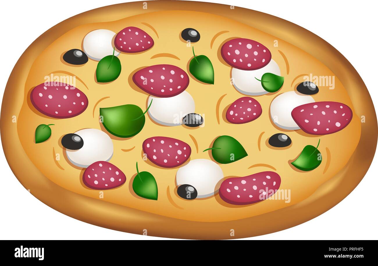 Vector Illustration der italienischen Pizza mit Salami und Mozzarella und Oliven Scheiben, isoliert auf Weiss. Stock Vektor