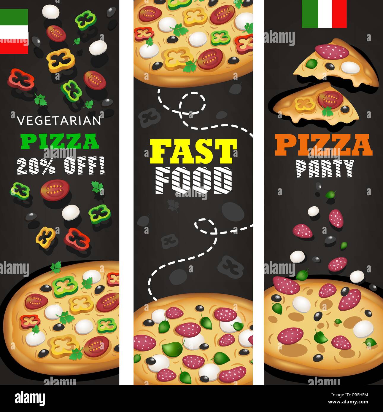 Realistische Pizza Pizzeria Flyer Vector Hintergrund Drei Vertikale Pizza Banner Mit Zutaten Und Text Auf Modernen Schwarzen Und Grauen Hintergrund Stock Vektorgrafik Alamy