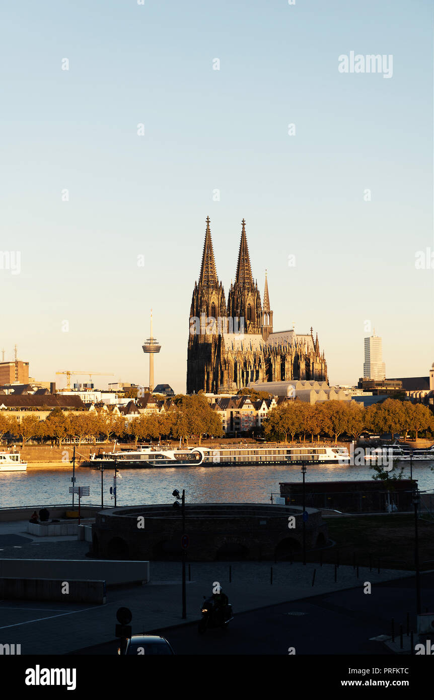 Panorama von Köln mit Dom am Morgen. Stockfoto