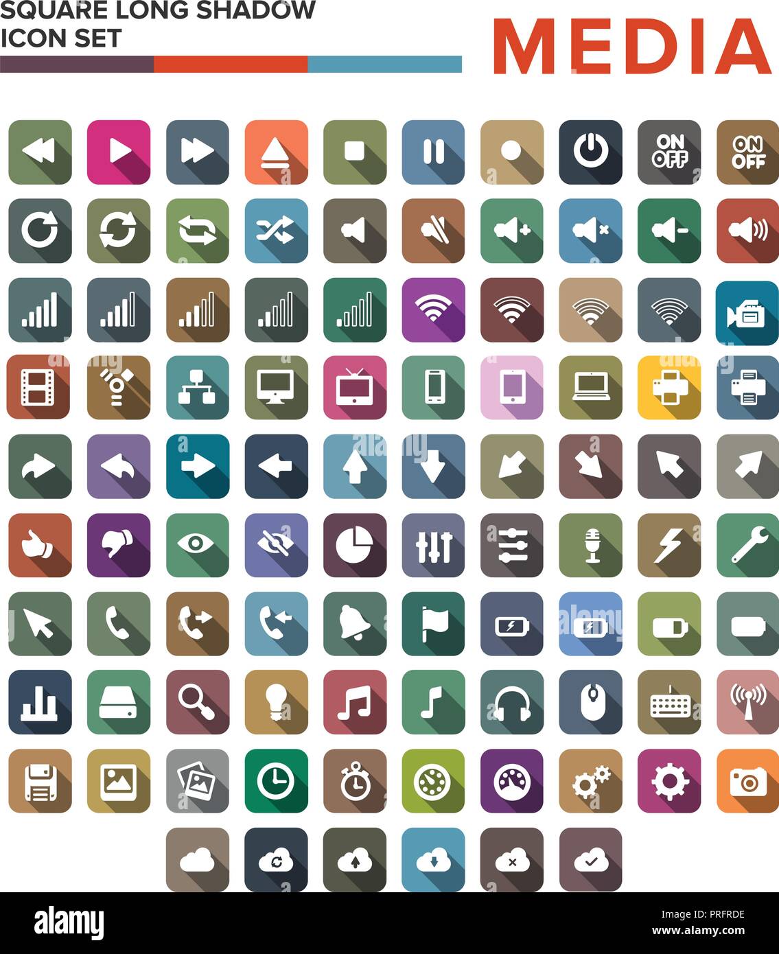 Medien Flachbild lange Schatten Icons Set isoliert Vector Illustration Stock Vektor