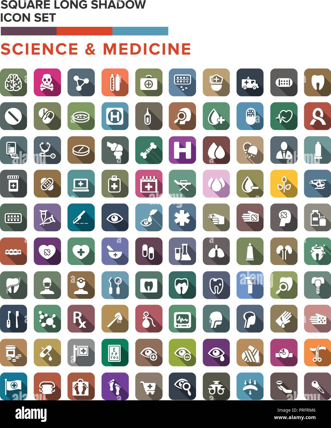 Wissenschaft Medizin Icons mit langen Schatten gesetzt. Flaches Design Stil. Einfache quadratische Symbol. Flache farbige Symbole. Web site Seite und mobile App Design Vector eleme Stock Vektor