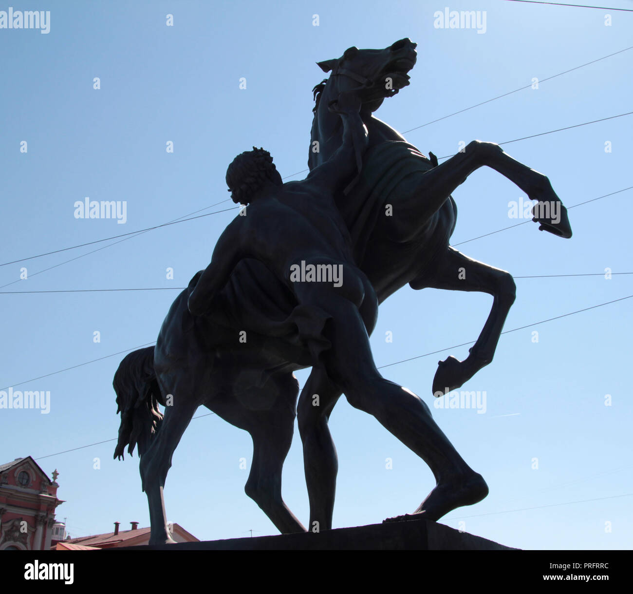 Auf der Anitschkow-brücke, das ist auf dem Newski Prospekt, es gibt vier dynamische Statuen wie die Zähmung des Pferdes oder das Pferd Dompteure bekannt, und es gibt eine an jeder der vier Ecken der Brücke in St. Petersburg, Russland. Sie sind auffällig, Blickfang und wunderbar auf ihren Sockeln. Stockfoto