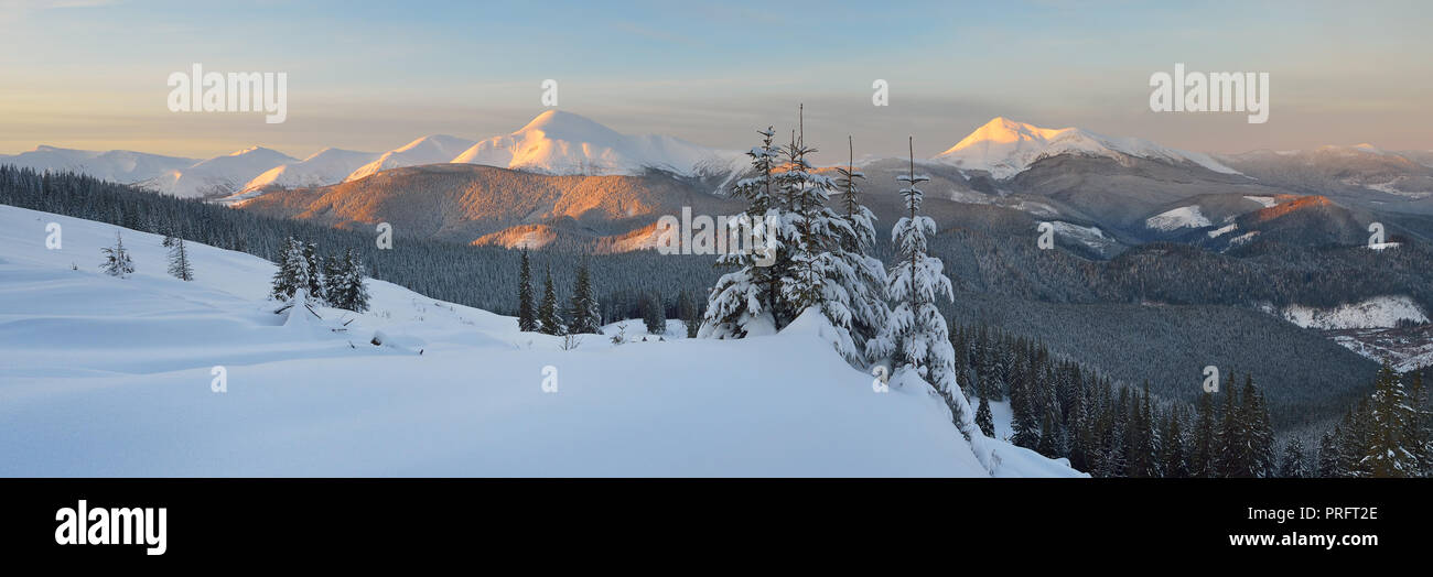 Sonnenaufgang in den Bergen. Winterlandschaft mit frischem Schnee Stockfoto