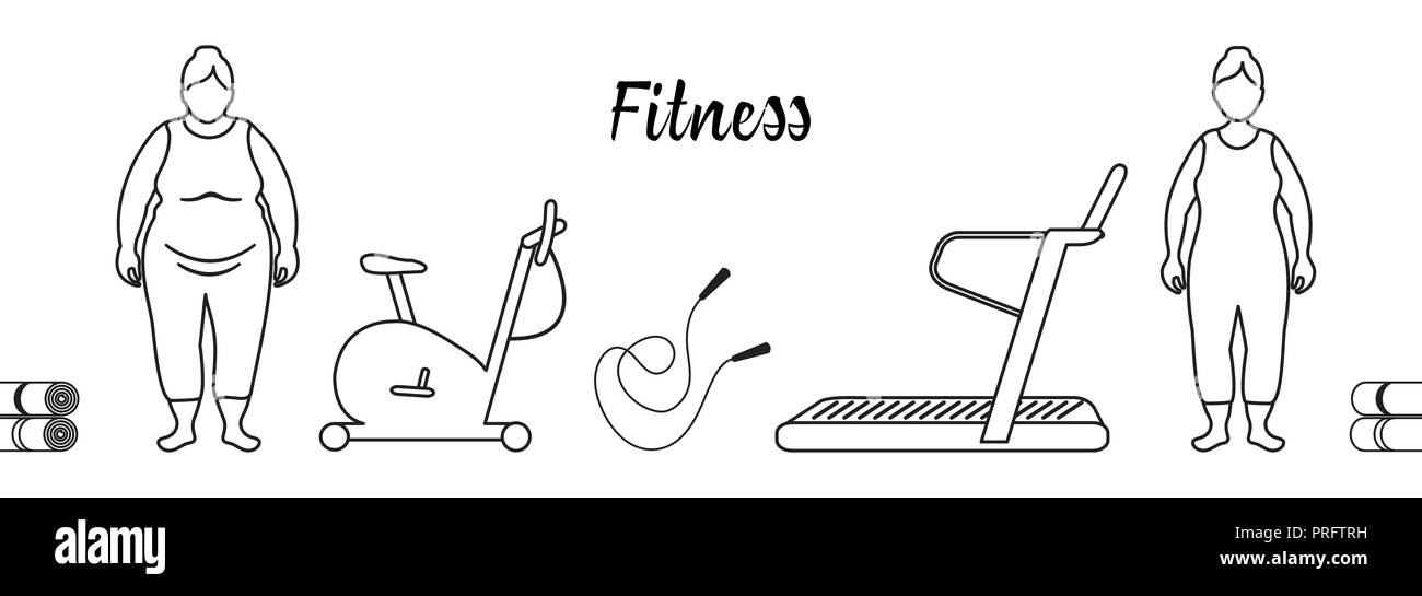 Zeit zu Fitness und Sport. Gesunde Lebensweise. Frauen im Sport beteiligt.  Abnehmen. Sportgeräte: Yogamatten, Treadmill, Fahrrad-Ergometer,  Überspringen von Stift Stock-Vektorgrafik - Alamy