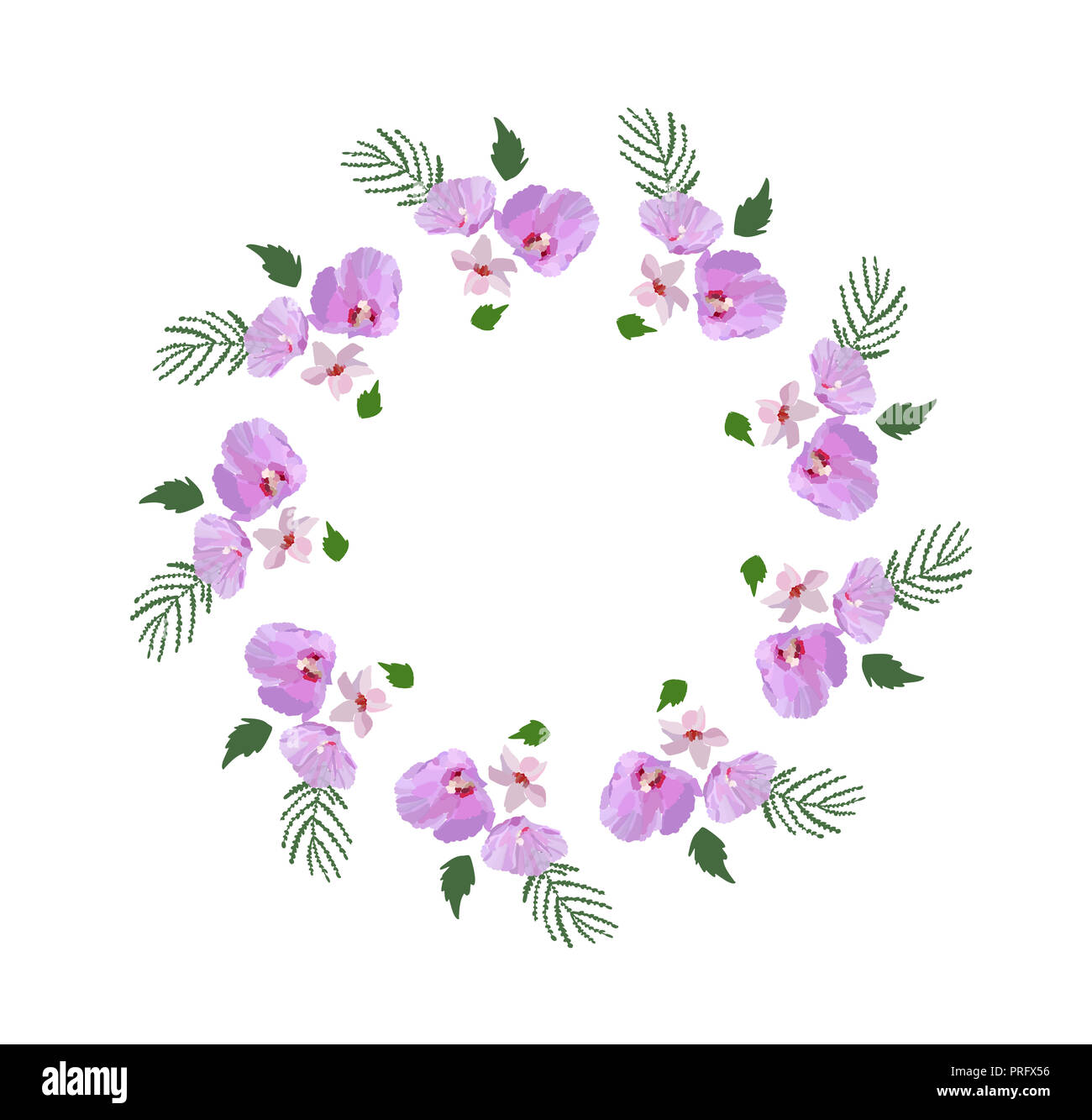 Floral Design Kranz, mit Hibiskus Blüten und Blätter Hand gezeichnet. Bunte vektor Illustration. Stockfoto