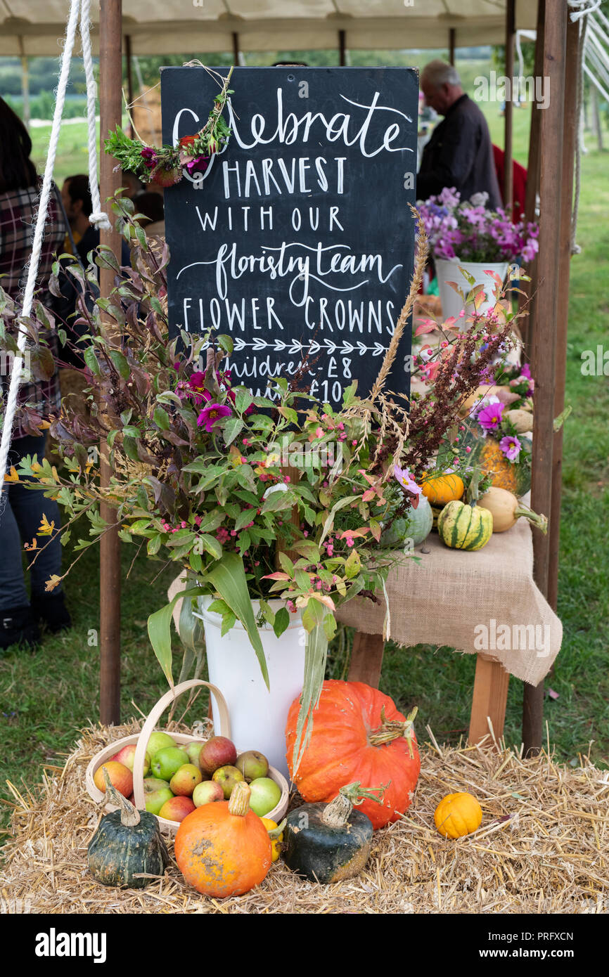 Herbstliche Display mit Äpfel, Kürbisse und Blumen bei Daylesford Organic Farm Shop Herbstfest. Daylesford, Cotswolds, Gloucestershire, England Stockfoto