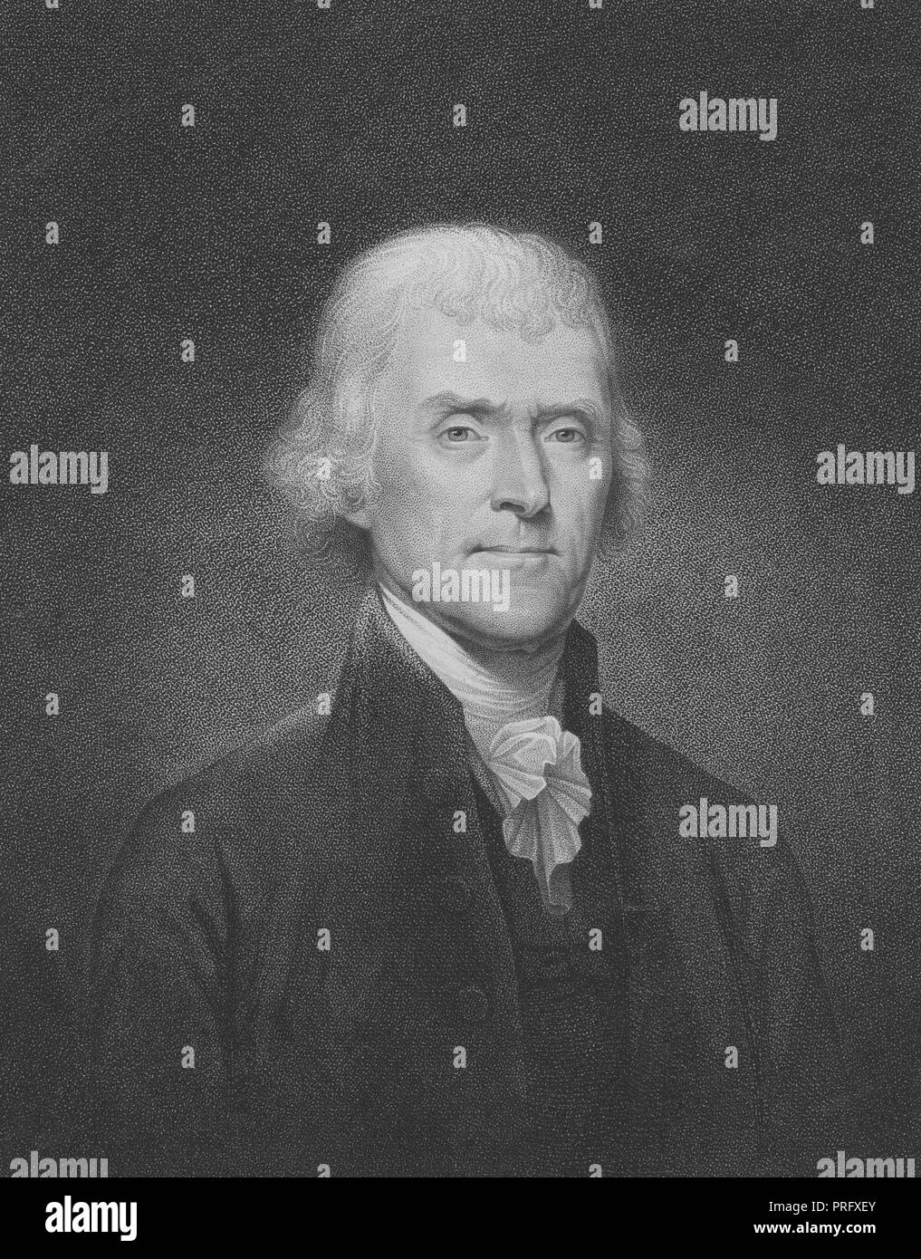 Graviert Portrait von Thomas Jefferson, den dritten Präsidenten der Vereinigten Staaten und Mitglied des Continental Congress, ein amerikanischer Gründervater von Shadwell, Virginia, 1837. Von der New York Public Library. () Stockfoto
