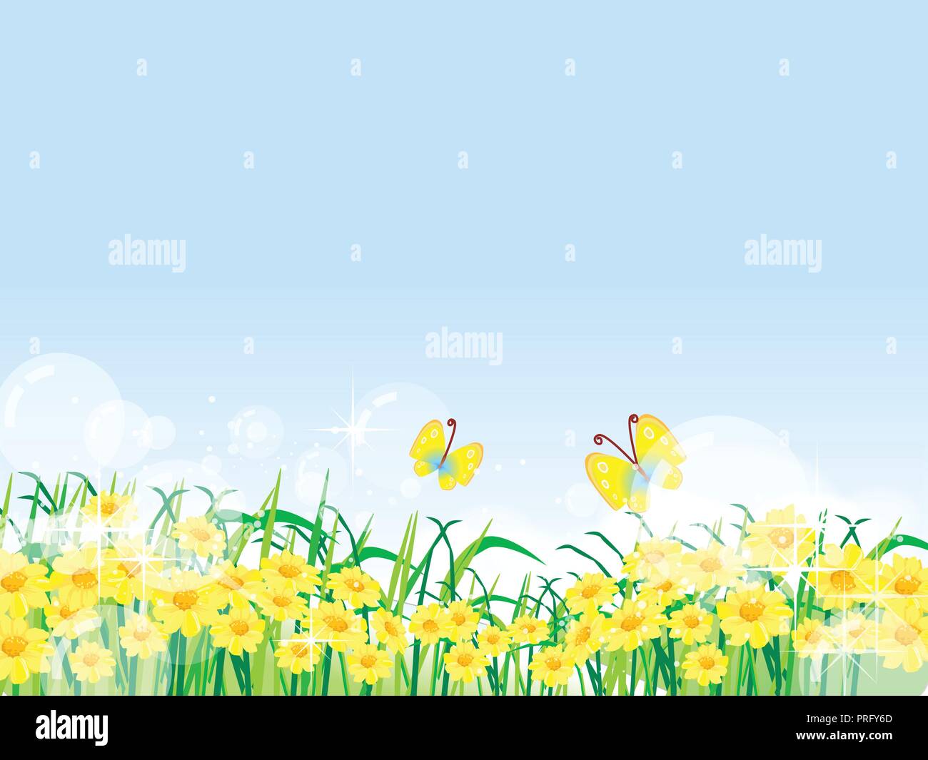 Blumen Sommer oder Frühling Landschaft, Wiese mit Blumen, blauer Himmel und Schmetterlinge Stock Vektor