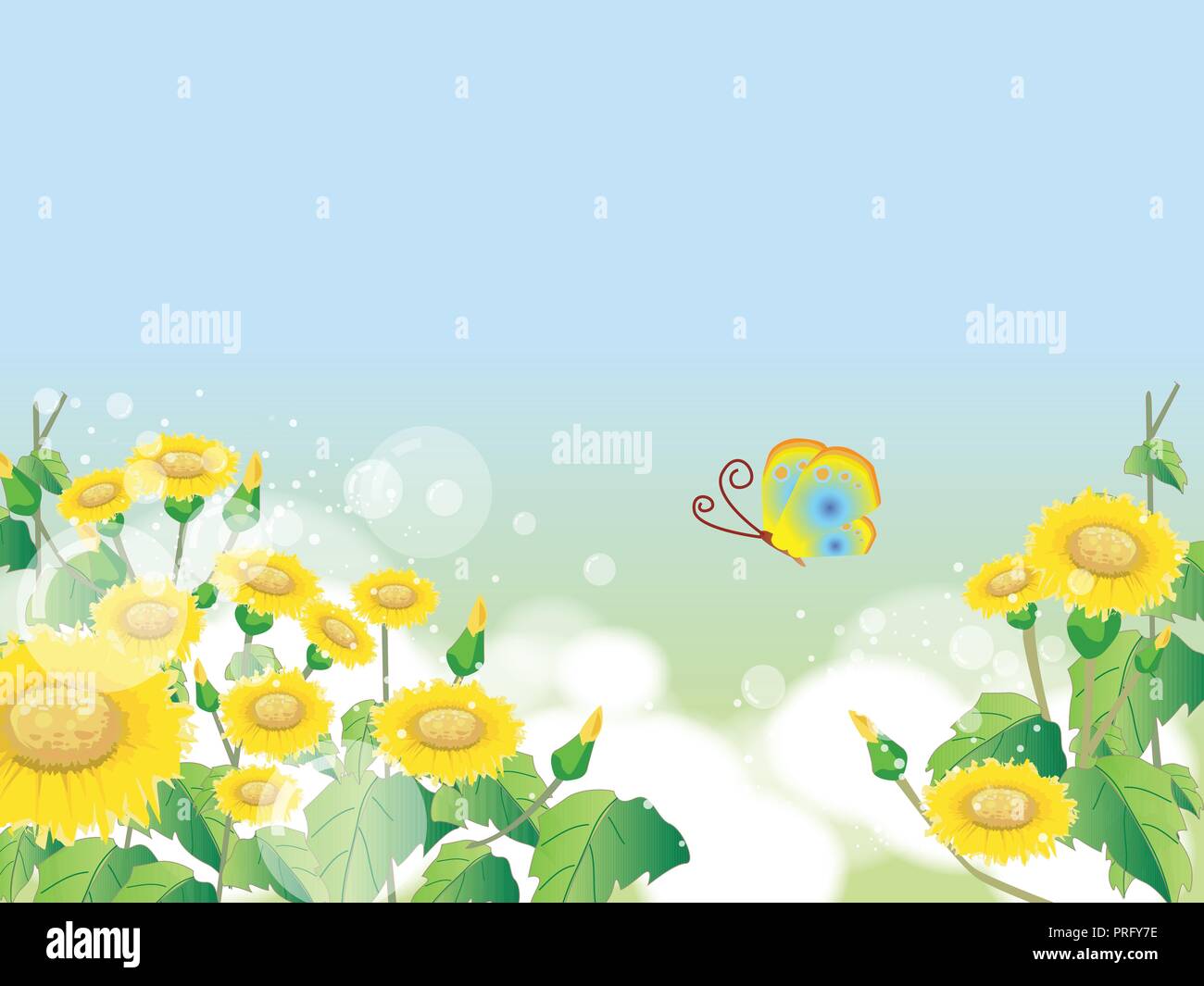 Blumen Sommer oder Frühling Landschaft, Wiese mit Blumen, blauer Himmel und Schmetterlinge Stock Vektor