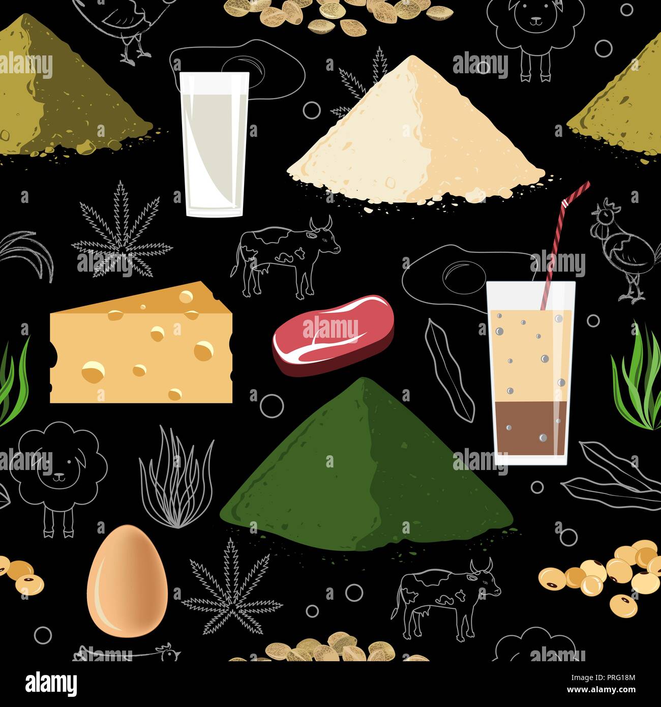 Sports Nutrition nahtlose Muster. Bodybuilding und Fitness Ergänzung doodle Objekte auf weißem Hintergrund. Protein Food und Protein Pulver. Bodybuildi Stock Vektor