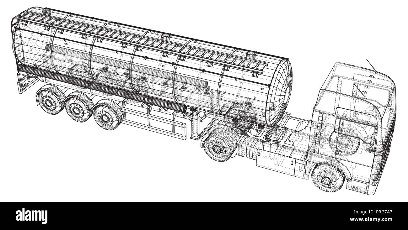 Benzin, Öl tanker Trailer, LKW auf der Autobahn. Automotive Fuel Tanker shipping Kraftstoff. Tracing Abbildung der 3d. EPS 10 Vektor Format auf weißem isoliert. Stock Vektor