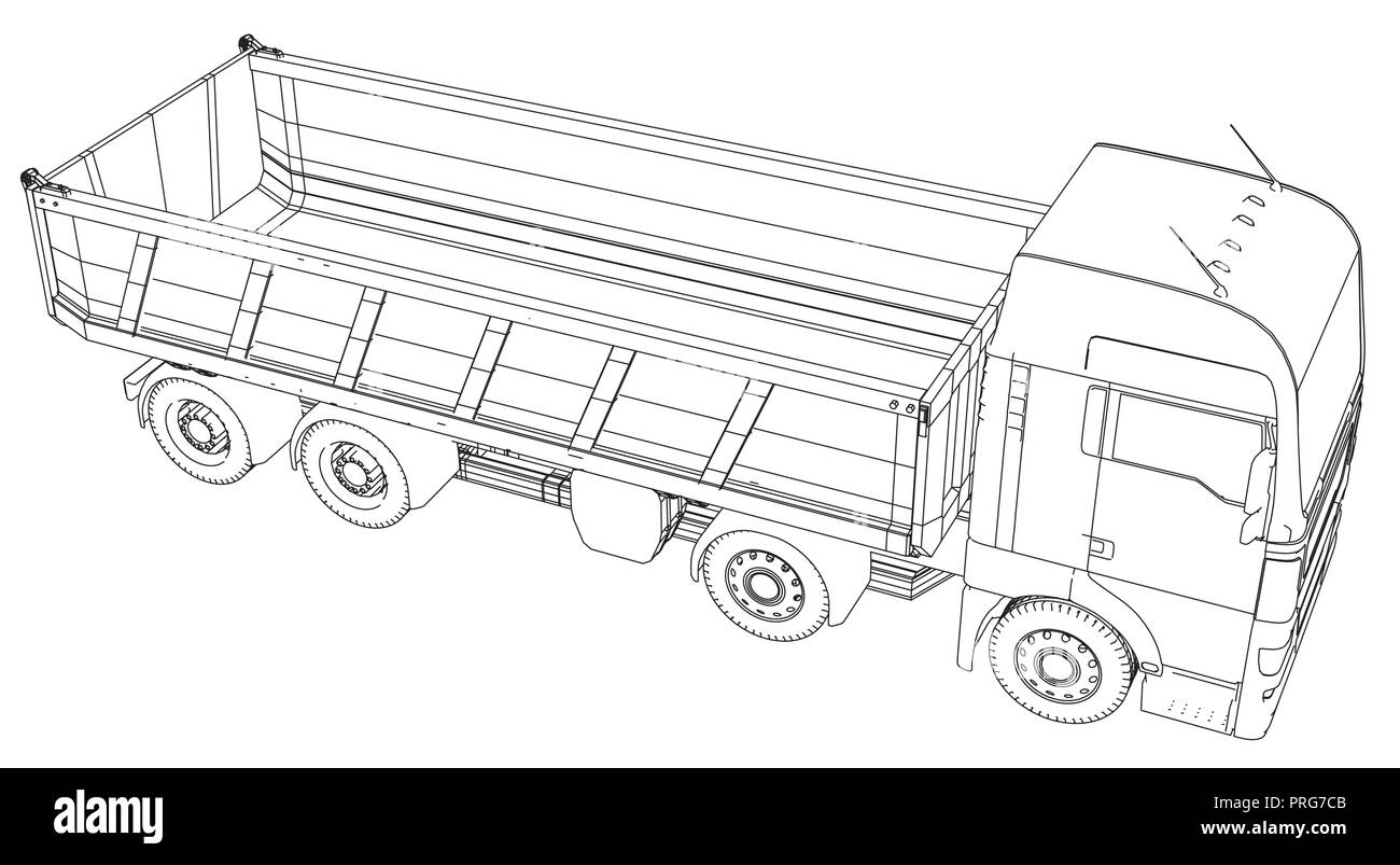 Dump Truck. Vektor erstellt Abbildung der 3d. Wire-frame Stil. Die Schichten des sichtbaren und unsichtbaren Linien getrennt sind Stock Vektor