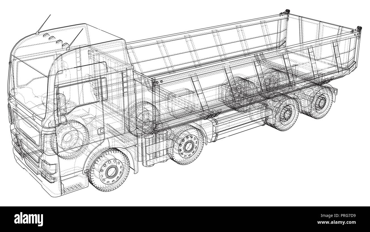 Muldenkipper entleert. Wire-frame Stil. Die Schichten des sichtbaren und unsichtbaren Linien getrennt sind. Vector Illustration. Tracing Abbildung der 3d. EPS 10 Vektor Format Stock Vektor