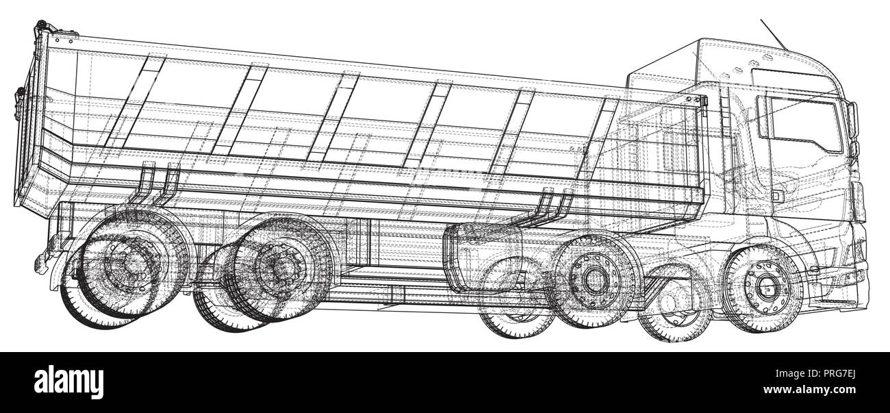 Dump Truck. Vektor erstellt Abbildung der 3d. Wire-frame Stil. Die Schichten des sichtbaren und unsichtbaren Linien getrennt sind Stock Vektor