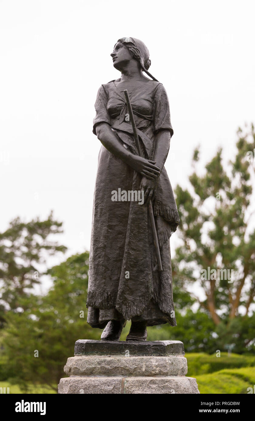 GRAND-PRE, Nova Scotia, Kanada - Statue von Evangeline, in Erinnerung an die Deportation der französischen Kanadier. Stockfoto