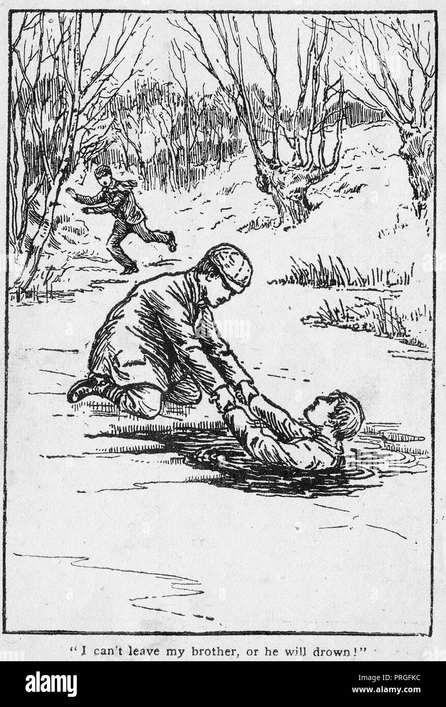 Anfang 1900 Abbildung: Ernest Caulder im Alter zwischen 8 und Bruder Alfred, der starb (Ill.) Trotz Rettungsmaßnahmen durch die 13 Jahre alte Lokalmatador Daniel Pusey (im Hintergrund), die in den eisbedeckten Teich bei Burnham Beeches, Bucks Stockfoto