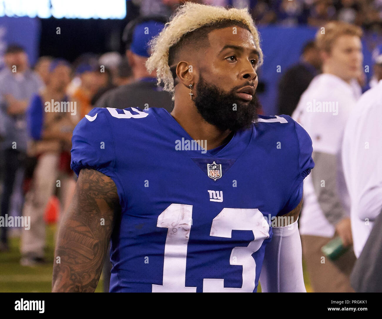 Oktober 2, 2018 - East Rutherford, New Jersey, USA - New York Giants wide receiver Odell Beckham (13) an der Seitenlinie in der zweiten Hälfte bei einem NFL Spiel zwischen den New Orlean Heiligen und die New York Giants bei MetLife Stadium in East Rutherford, New Jersey. Die Heiligen die Riesen besiegte 33-18. Duncan Williams/CSM Stockfoto