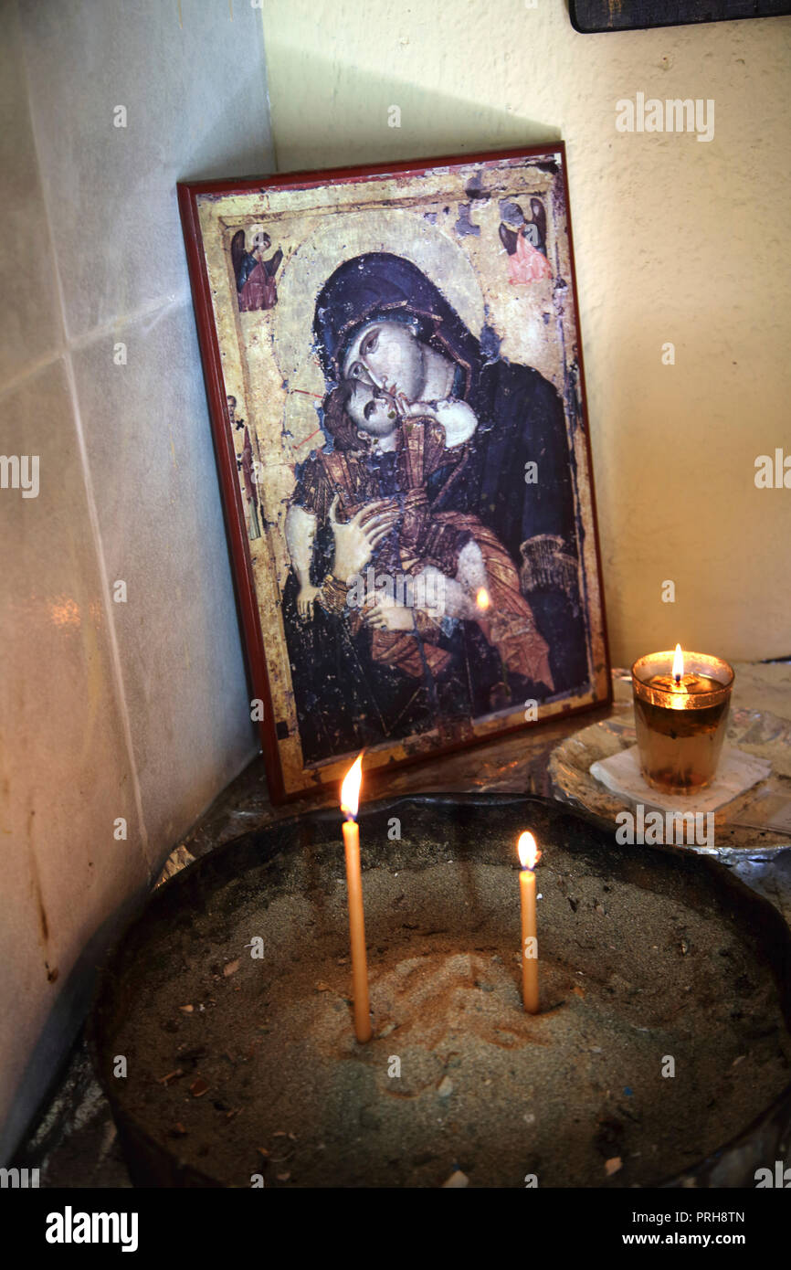 Kea Insel Griechenland Ioulidha Ikone der Madonna mit dem Kind in der Kleinen Kapelle Stockfoto