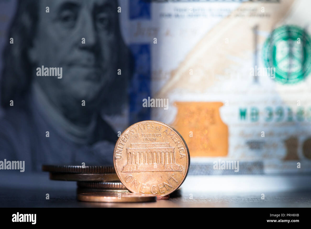 Dollar USD-Cent-münze, Währung der Vereinigten Staaten von USA. Details von Geld. close-up. Stockfoto