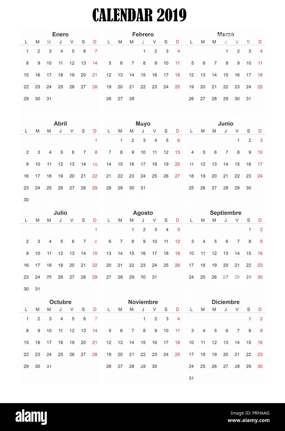 2019 Spanisch generische Kalender A3, einfach Zuschneiden für den vielbeschäftigten Designern, die ihre eigenen Entwürfe, Tagesordnungen, datebooks zu erstellen. Stockfoto