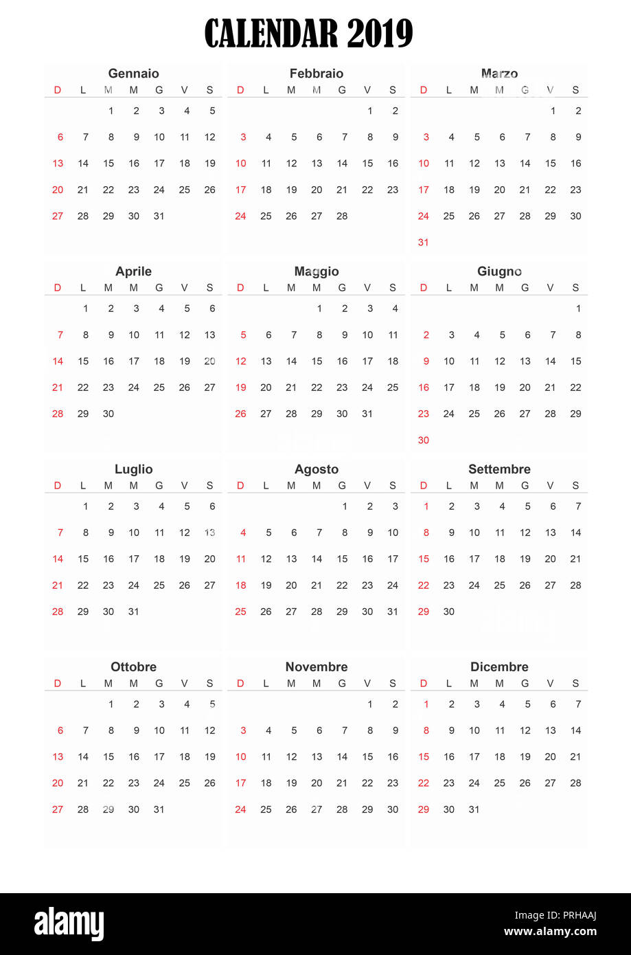 2019 Italienische generische Kalender A3, einfach Zuschneiden für den vielbeschäftigten Designern, die ihre eigenen Entwürfe, Tagesordnungen, datebooks zu erstellen. Stockfoto