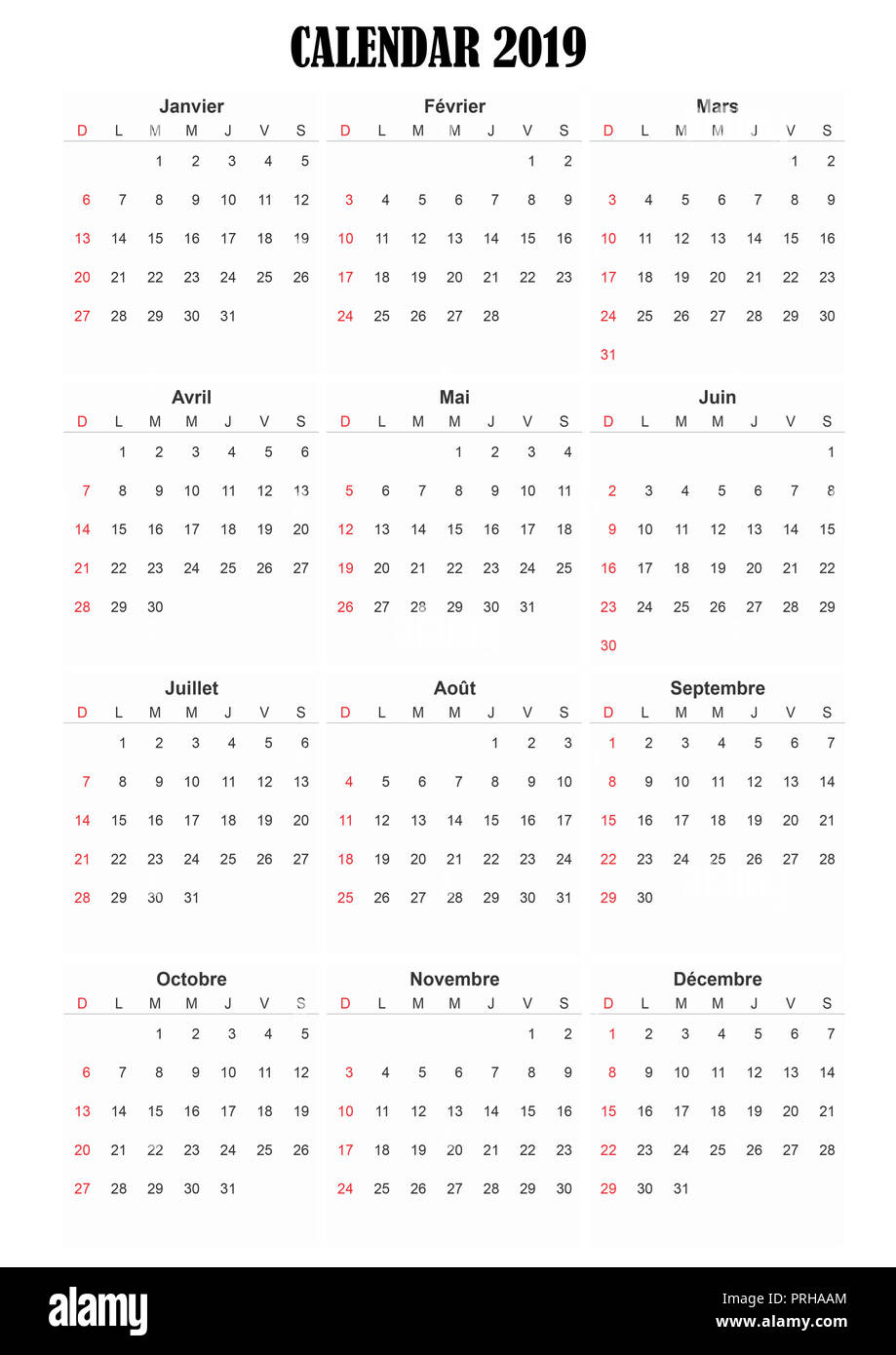 2019 Französische generische Kalender A3, einfach Zuschneiden für den vielbeschäftigten Designern, die ihre eigenen Entwürfe, Tagesordnungen, datebooks zu erstellen. Stockfoto