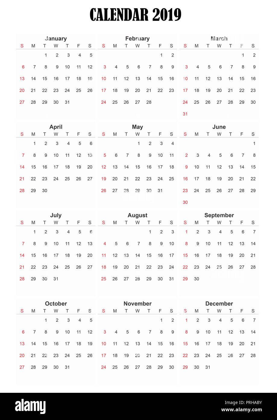 2019 Englische generische Kalender A3, einfach Zuschneiden für den vielbeschäftigten Designern, die ihre eigenen Entwürfe, Tagesordnungen, datebooks zu erstellen. Stockfoto