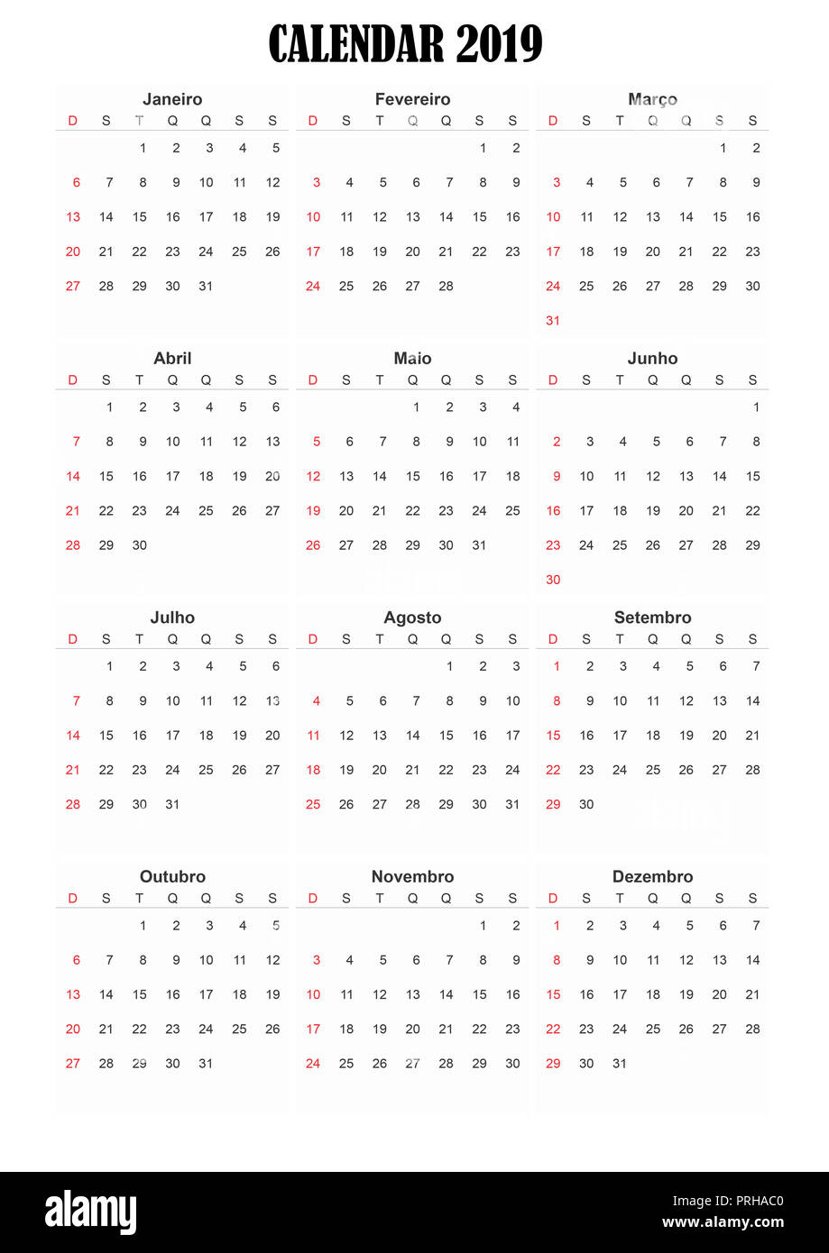 2019 Portugiesische generische Kalender A3, einfach Zuschneiden für den vielbeschäftigten Designern, die ihre eigenen Entwürfe, Tagesordnungen, datebooks zu erstellen. Stockfoto