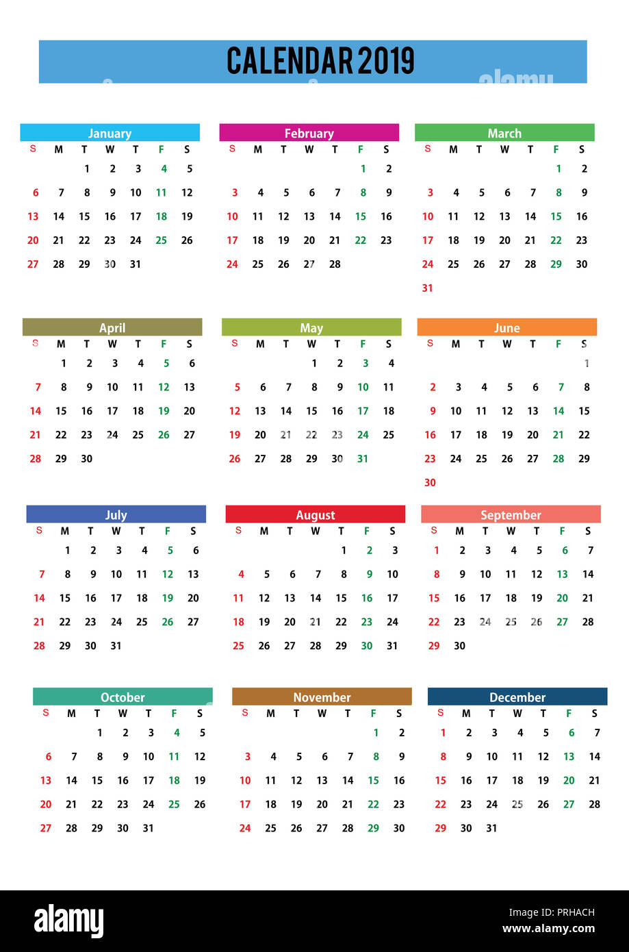 2019 Englische generische Kalender A3, einfach Zuschneiden für den vielbeschäftigten Designern, die ihre eigenen Entwürfe, Tagesordnungen, datebooks zu erstellen. Stockfoto