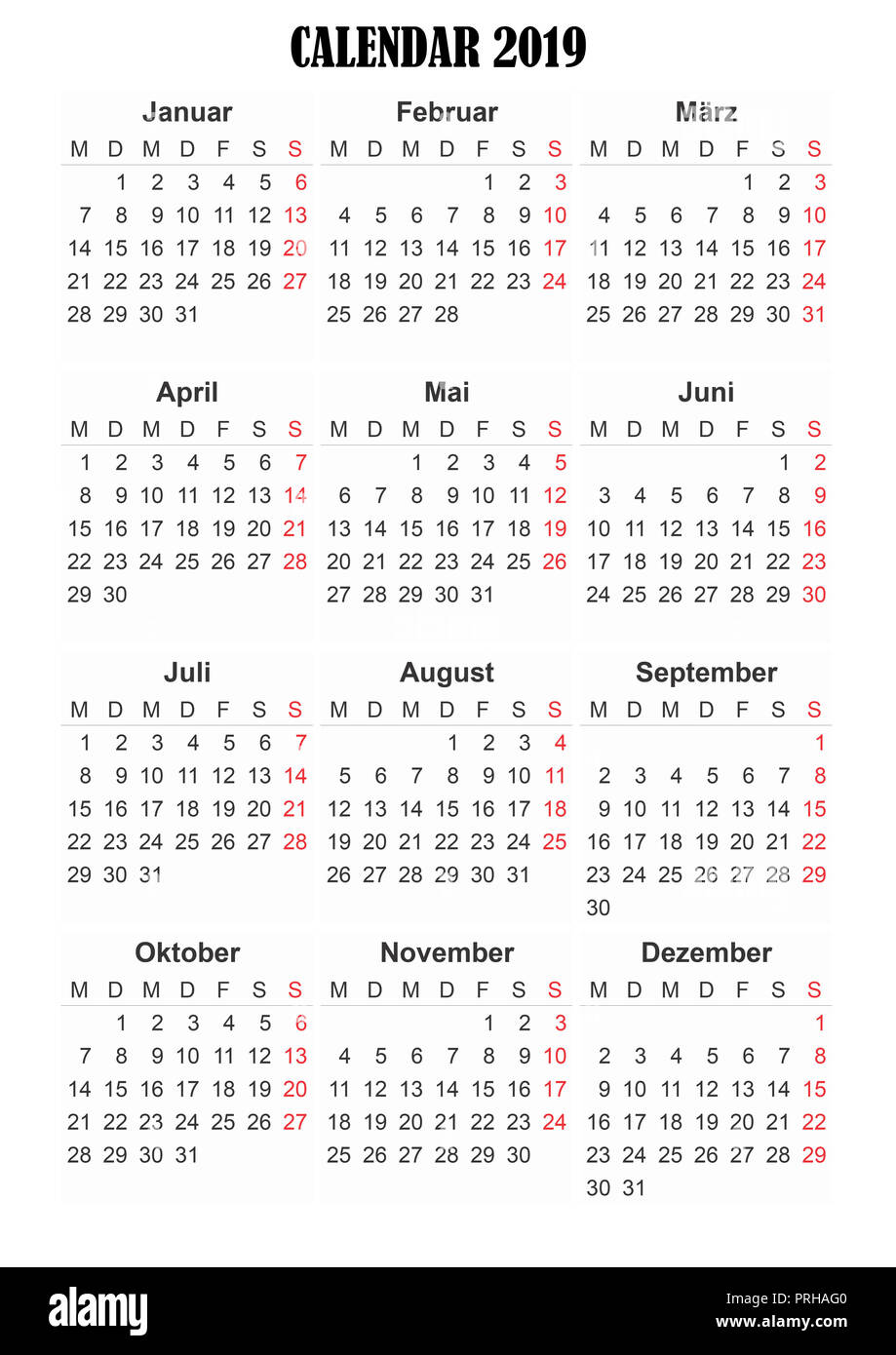 2019 Germangeneric Kalender A3, einfach Zuschneiden für den vielbeschäftigten Designern, die ihre eigenen Entwürfe, Tagesordnungen, datebooks zu erstellen. Stockfoto