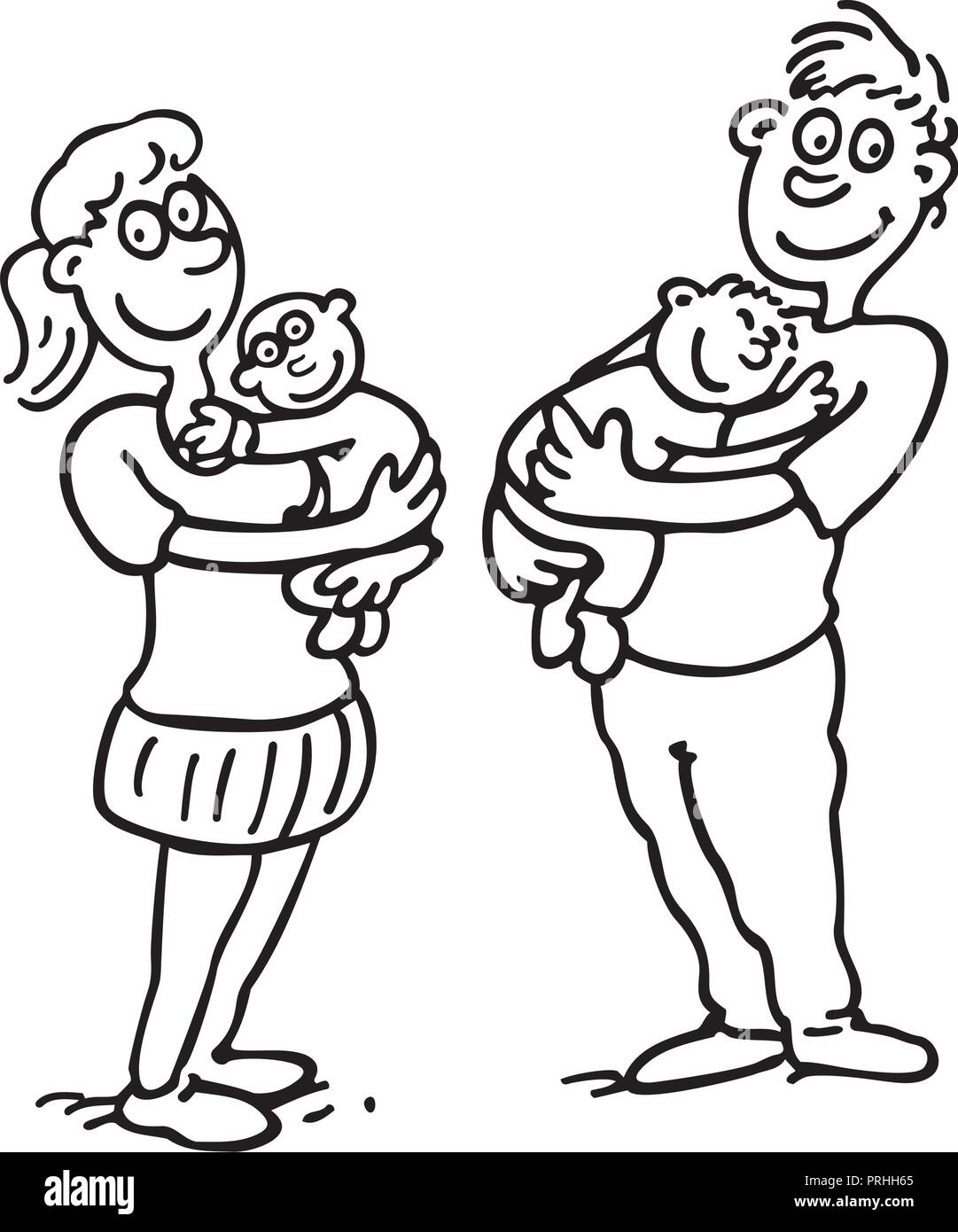 Mama, Papa, Baby halten. cartoon Zeichnung Skizze illustration Vektor beschrieben. Stock Vektor