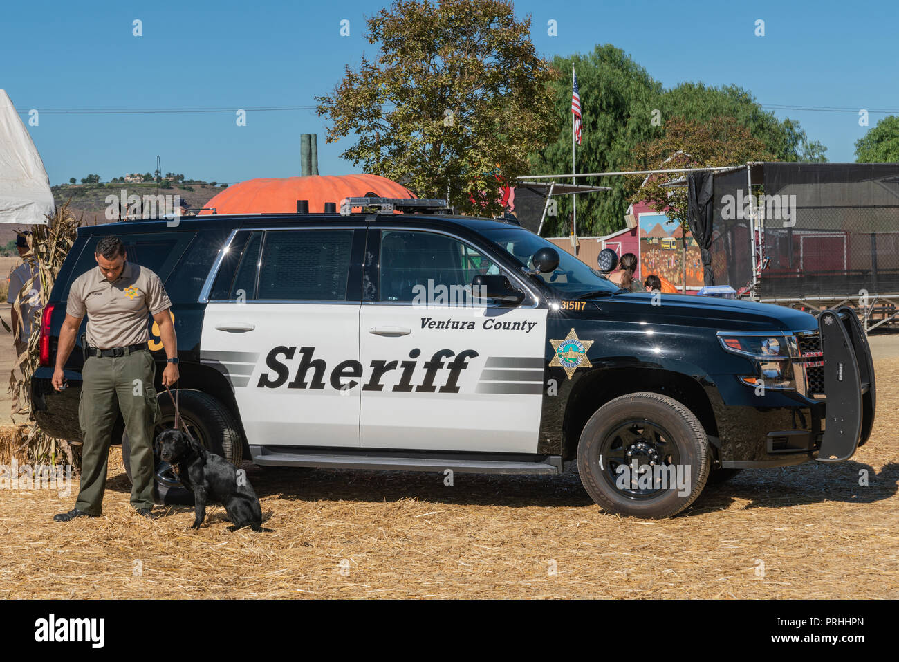 Moorpark, Kalifornien, USA - 30. September 2018: Nahaufnahme von Schwarzen und Weißen Sheriff K9 Polizei Auto von Ventura County mit Officer und Hund. Blauer Himmel und Stockfoto