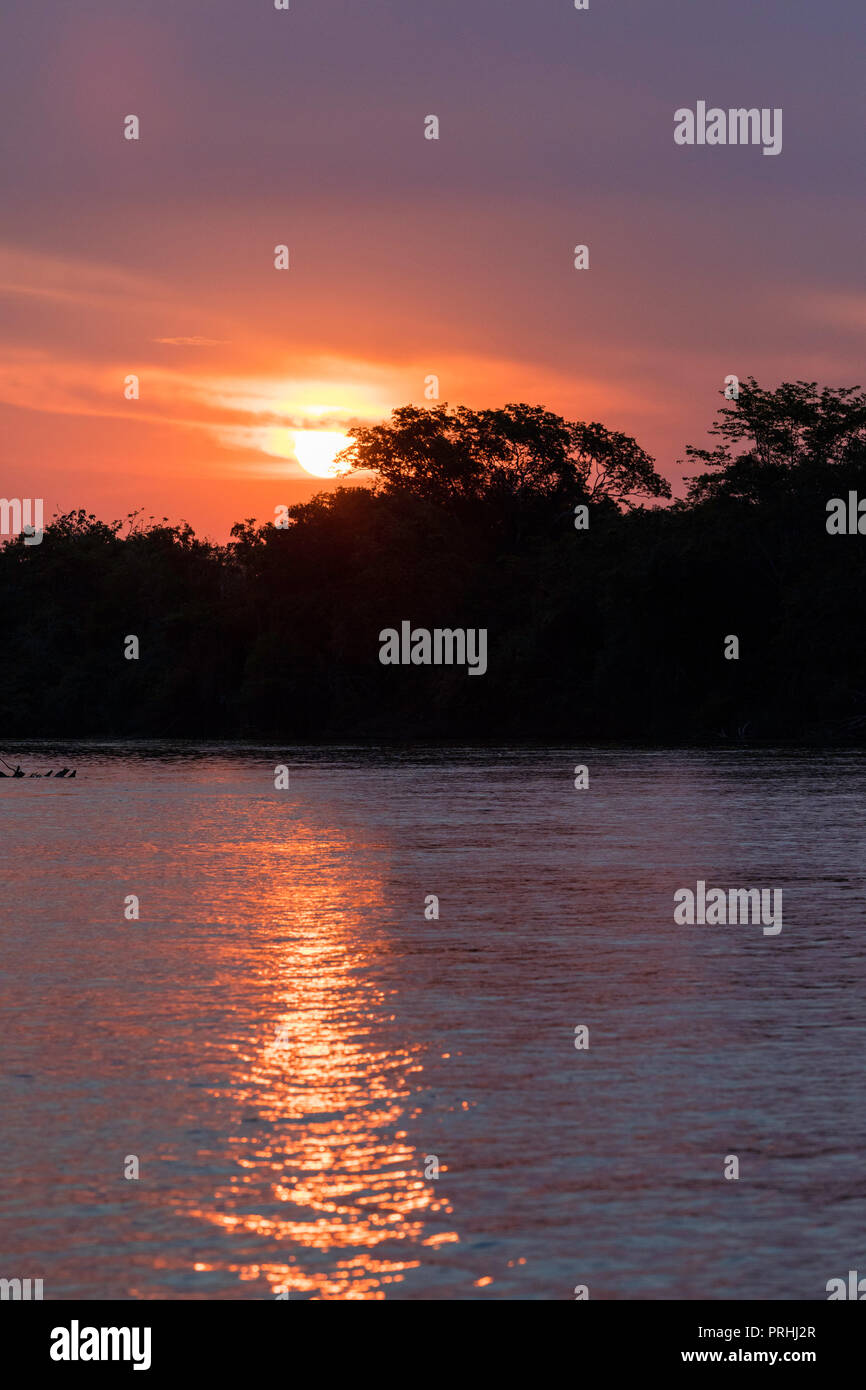 Die untergehende Sonne über dem Fluss in der Nähe von Puerto Jofre, Mato Grosso, Pantanal, Brasilien. Stockfoto