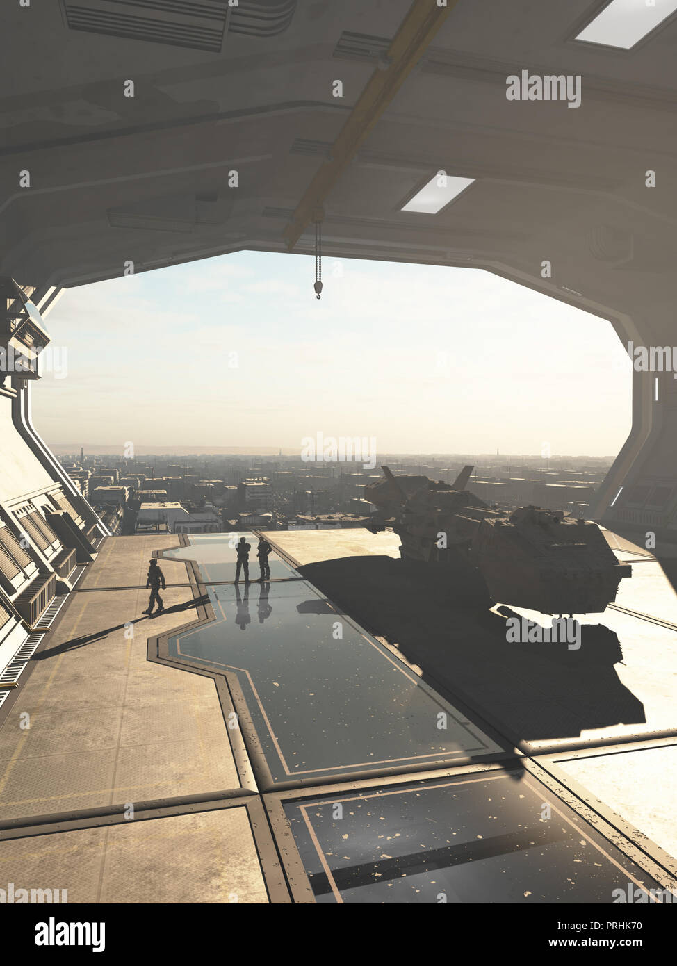 Raumschiff Hangar mit Blick auf eine zukünftige Stadt Stockfoto