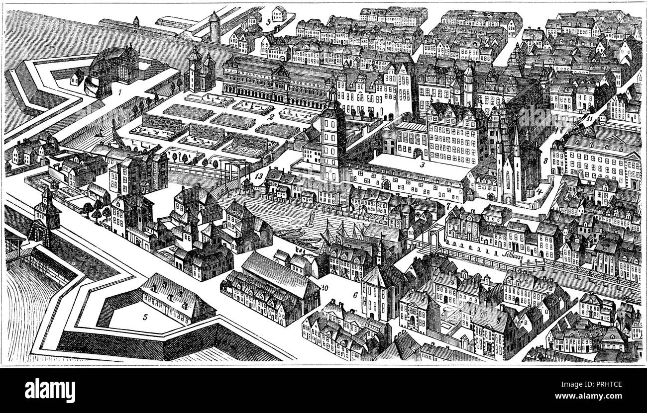 Berlin im Jahr 1688. 1) Neu gebauten Orangehaus, 2) Lustgarten, 3) Kurfürstlichen Residenzschloss, 4) Domkirche, 5) Armory, 6) Friedrich-Werder Kirche und Rathaus, 7) Mühle am Schloss, 8) Stechbahn, 9) Heilige Geistkirche, 10) Ihre Hoheit der Kurfürst ausgeht, 11) Lange Brücke, 12) stabile Wahlen in Köln, 13) Hund Brücke, Stockfoto