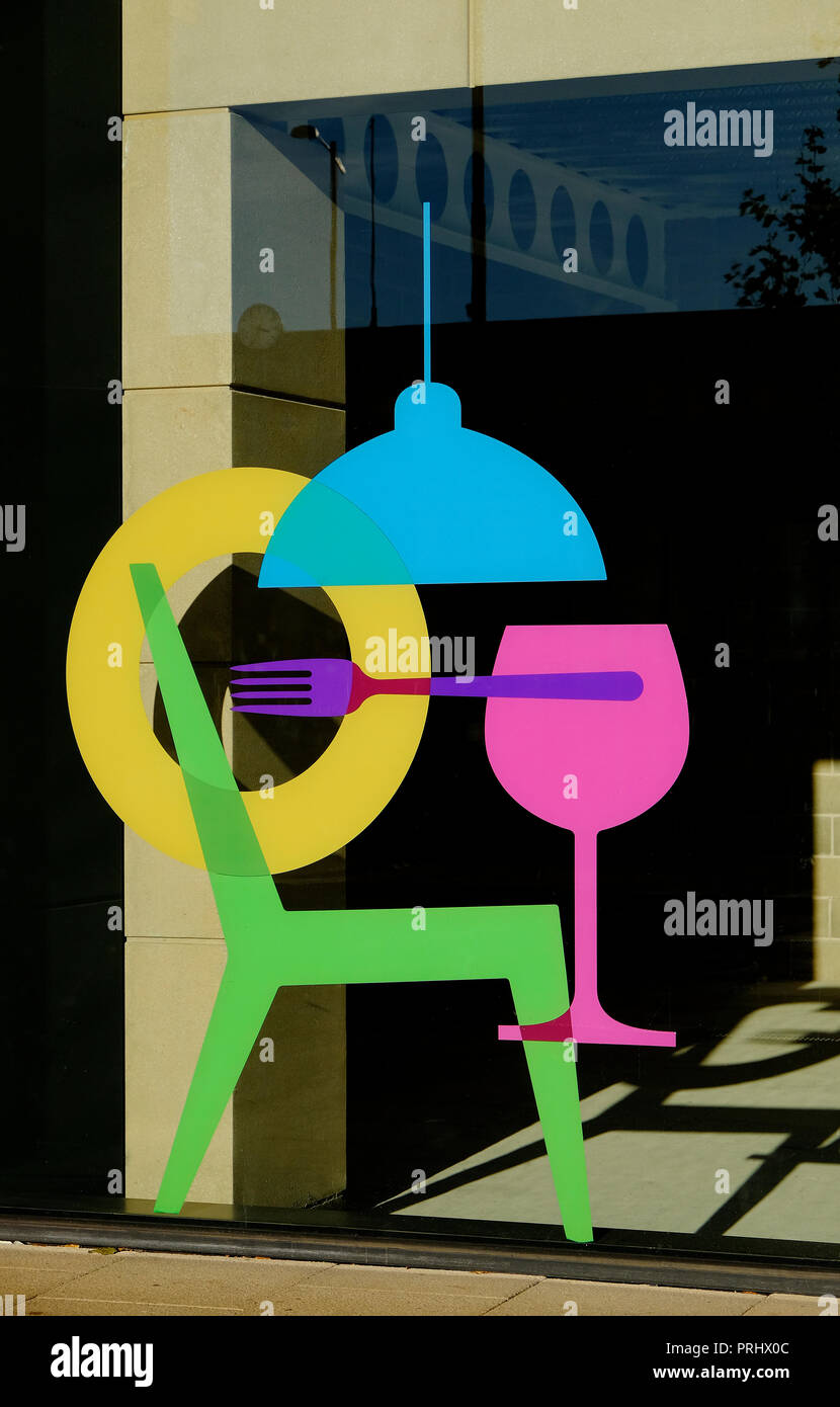 Farbenfrohe restaurant Design auf Glas Fenster, Cambridge, England Stockfoto