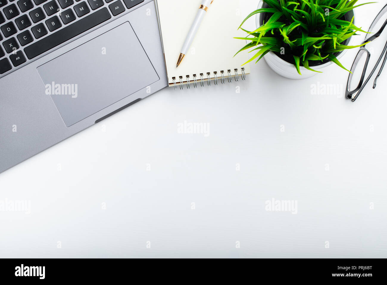 Stilvolle Büro tisch Schreibtisch. Mit laptop Arbeitsbereich, Tagebuch, saftige auf weißem Hintergrund. Flach, Ansicht von oben mit der Kopie Platz für Text. Stockfoto