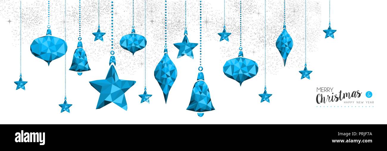Frohe Weihnachten Frohes neues Jahr elegante Abbildung in blau Low-poly-Stil mit Stern Christbaumkugel ornament Dekoration. Ideal für Urlaub Grußkarte, Xmas Stock Vektor