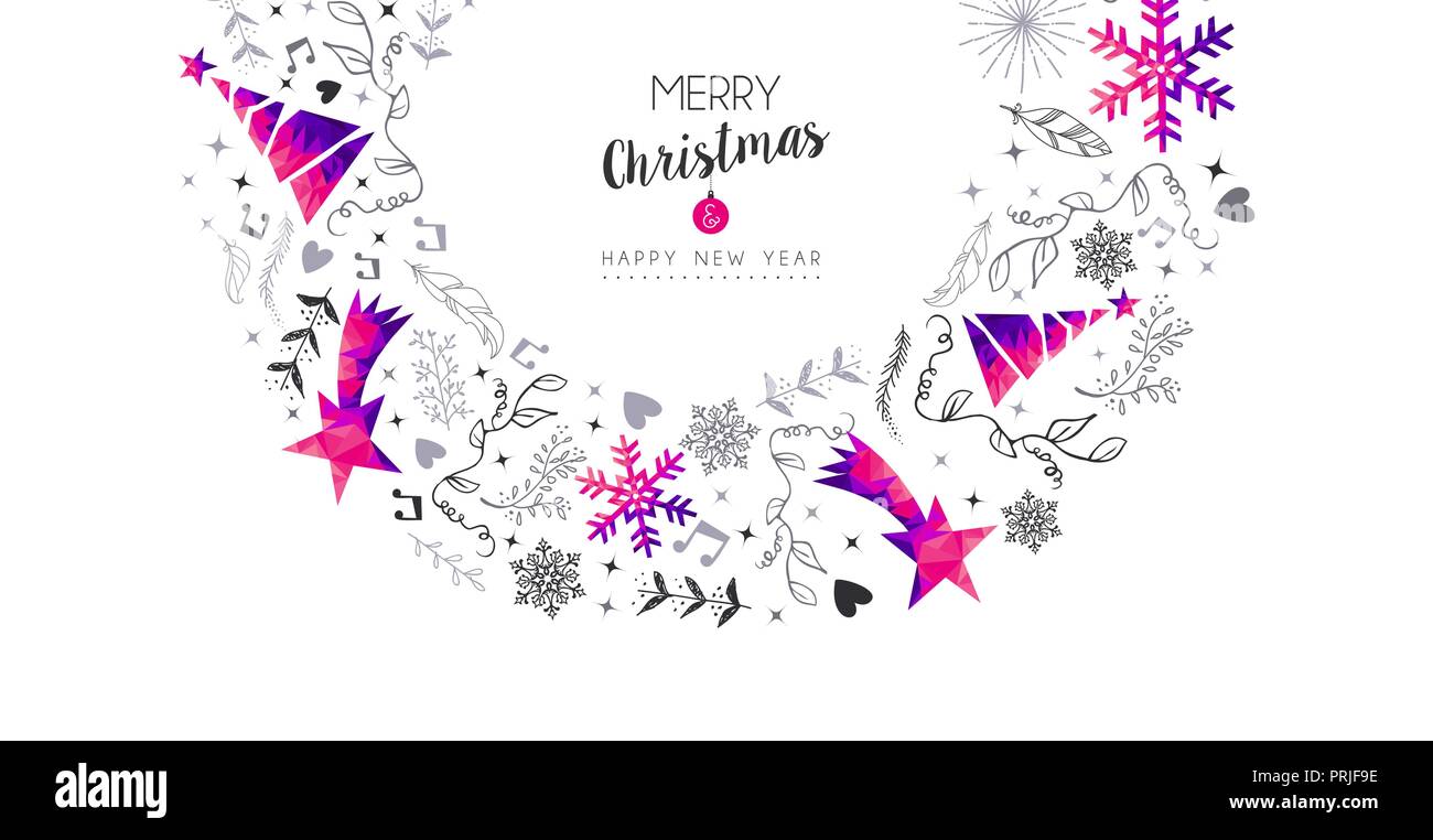 Frohe Weihnachten Frohes Neues Jahr Gruß card Design, pink Low Poly Pine Tree und Xmas Saison Dekoration mit Hand gezeichnet Urlaub Natur formen. EPS 10v Stock Vektor
