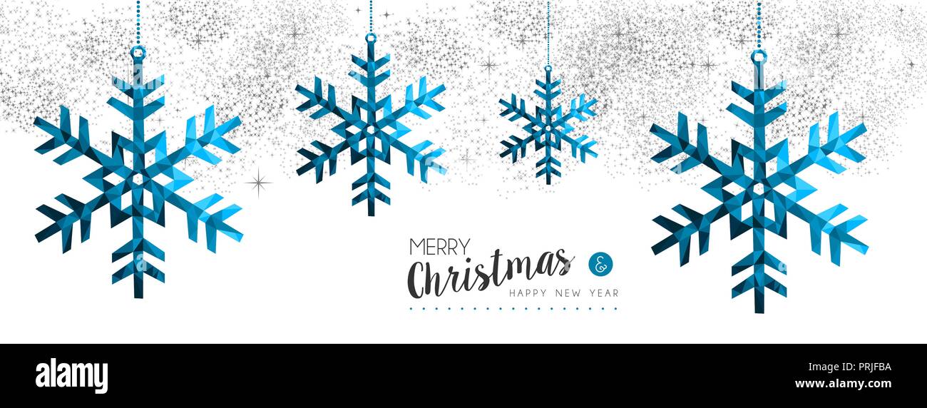 Frohe Weihnachten Frohes neues Jahr elegante Abbildung in blau Low-poly-Stil mit Winter Schneeflocke ornament Dekoration. Ideal für Urlaub Grußkarte, Stock Vektor