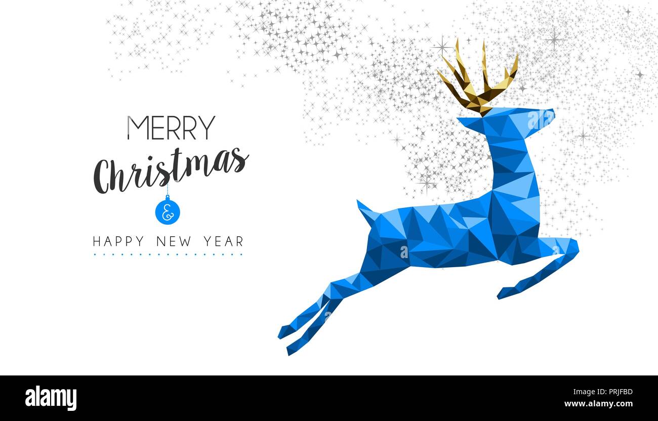 Frohe Weihnachten Frohes neues Jahr elegante Label Design Abbildung in blau Low-poly-Stil mit Rentier und Glitzer Dekoration. Ideal für Holiday greeti Stock Vektor