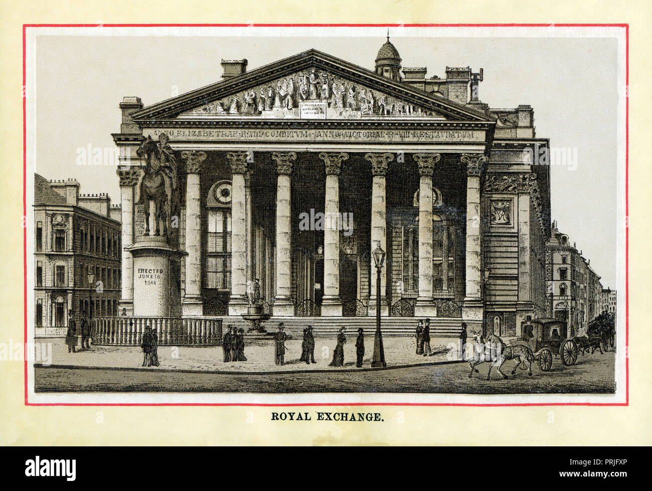 Der Royal Exchange, 1883 Edelstahl Gravur der Gebäude, das im Jahr 1844 eröffnet, das Lloyds Versicherungsmarkt und andere Händler in der Mitte der Stadt gegenüber der Bank von England mit einer Statue des Herzogs von Wellington vor untergebracht Stockfoto