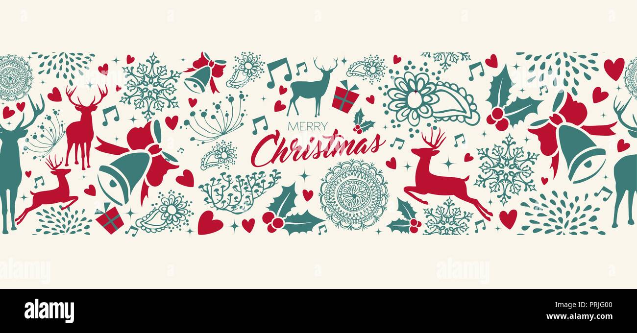 Frohe Weihnachten vintage Web Banner mit Rehen nahtlose Muster Hintergrund. Weihnachten Rentier Dekoration Symbole in Urlaub Farben. EPS 10 Vektor. Stock Vektor