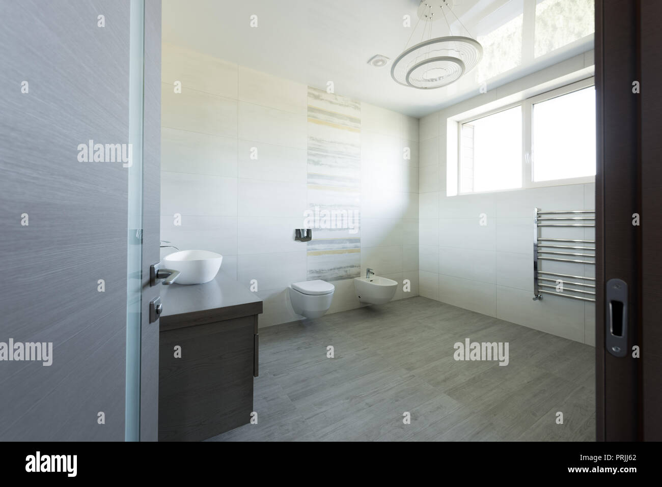 Innenraum, graues, modernes Bad mit WC und Bidet, Blick von der Tür Stockfoto