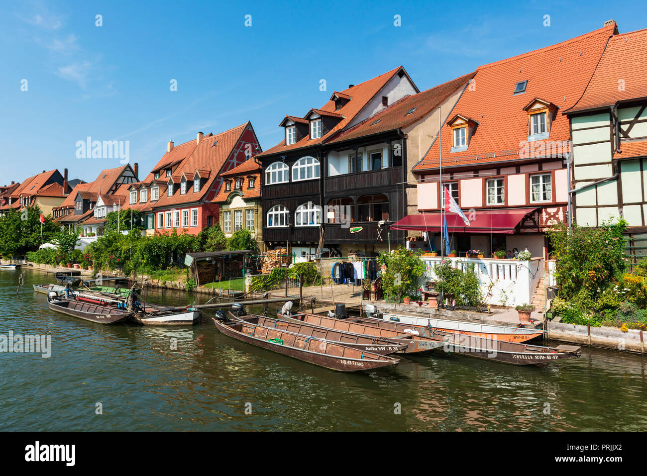 Altstadt von Klein Venedig am Ufer der Regnitz, Bamberg, Oberfranken, Franken, Bayern, Deutschland Stockfoto