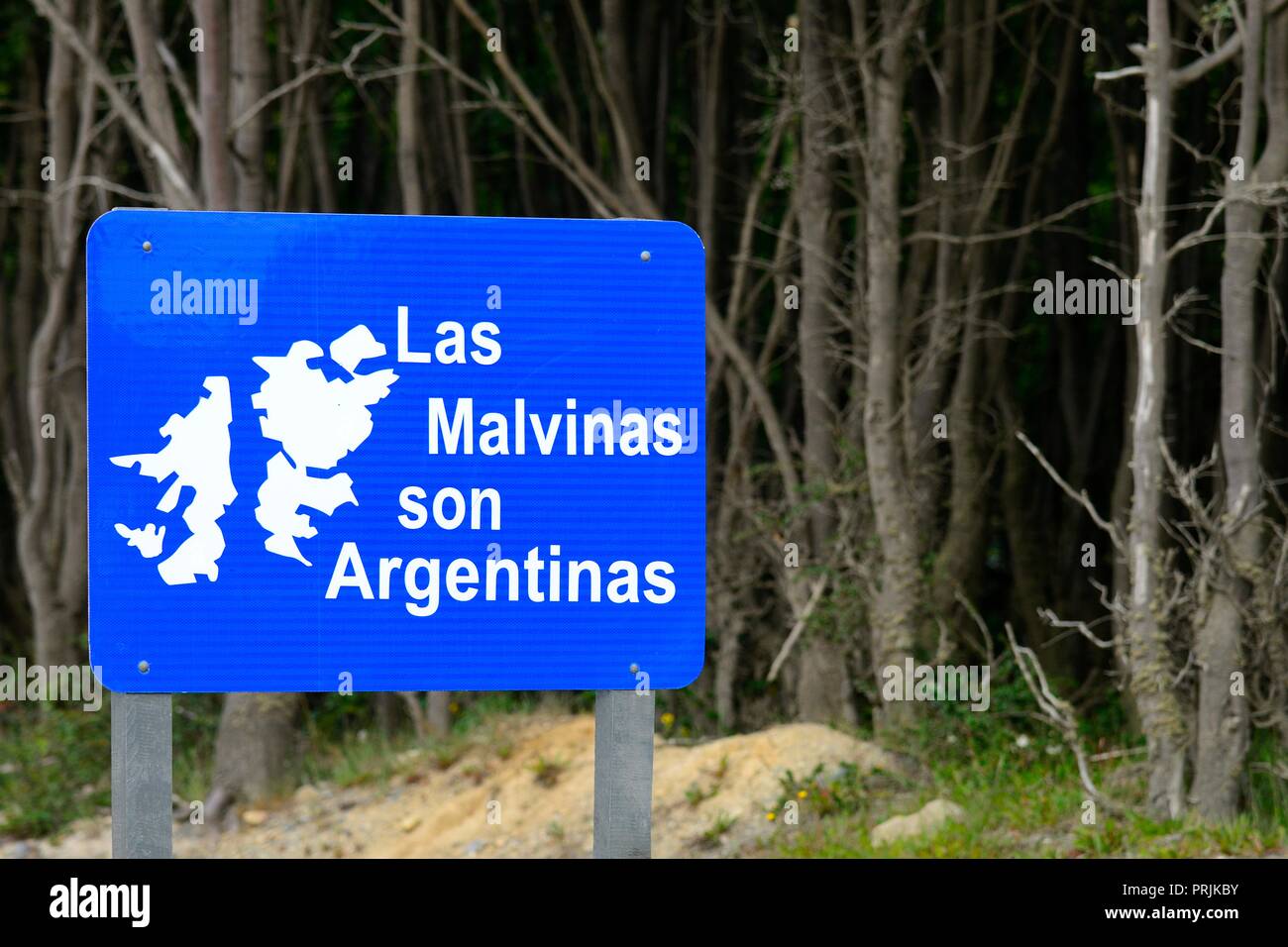 Schild, die Malvinas, Falkland-Inseln, gehören Argentinien, Ushuaia, Tierra del Fuego Provinz Tierra del Fuego Stockfoto