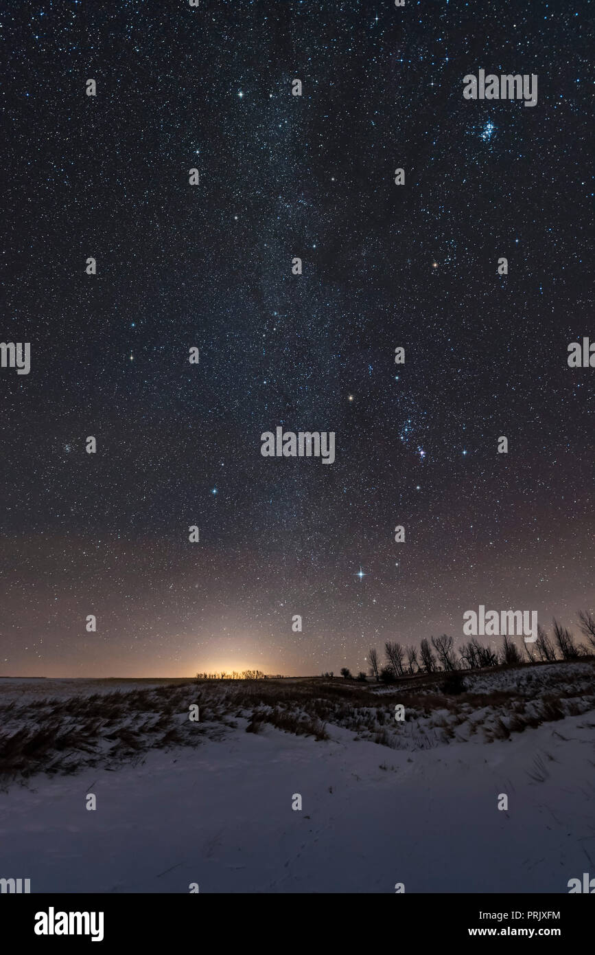 Die Sterne, die Milchstraße, und Sternbilder des nördlichen Winterhimmel, einschließlich der Winter Hexagon von hellen Sternen, und der Winter Dreieck von Betelgeu Stockfoto