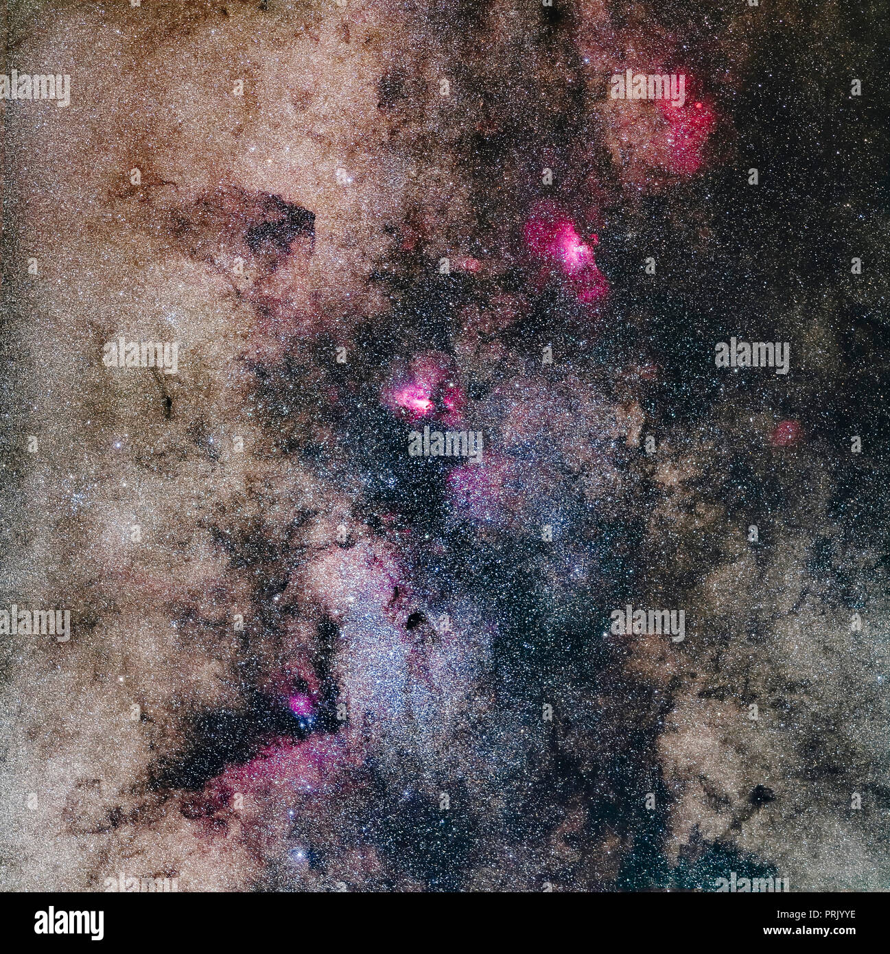 Ein Mosaik der reichen Region in Schütze und südlichen Serpens, vom kleinen Schütze Starcloud (Messier 24) am Boden zu Messier 16, der Adler Stockfoto