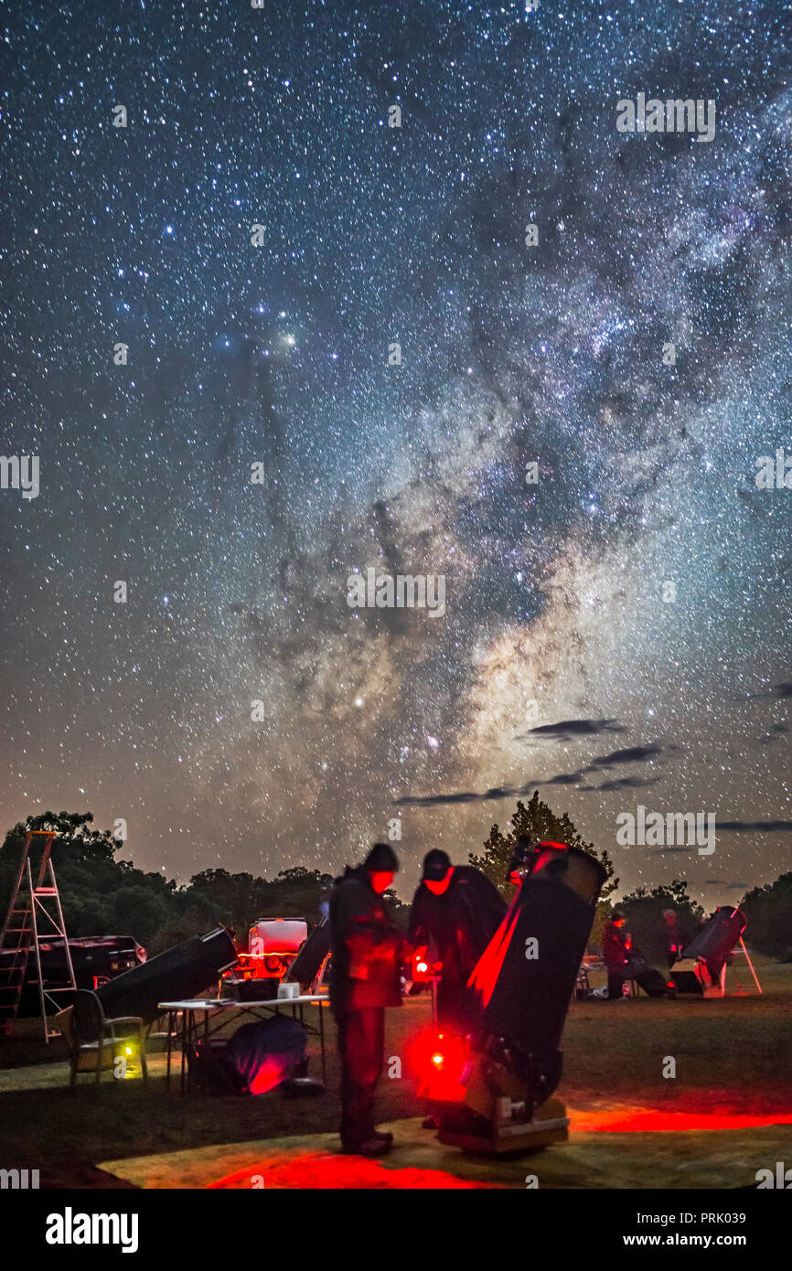 Beobachter der 2017 OzSky Star Party in Australien überprüfen Sie Ihre Diagramme für die Jagd nach Zielen mit einem der großen Dobson Teleskope auf der Warr Stockfoto