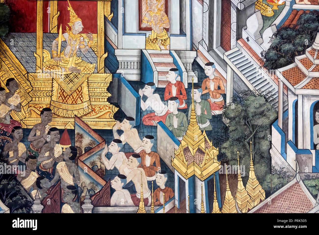Malen mit religiösen Szenen an der Wall der buddhistischen Tempel Wat Pho in Bangkok. Stockfoto